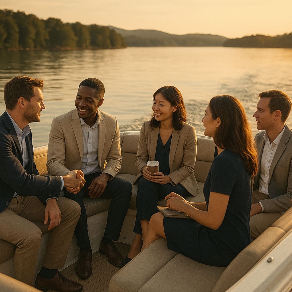 Kleine Firmengruppe auf einem Motorboot