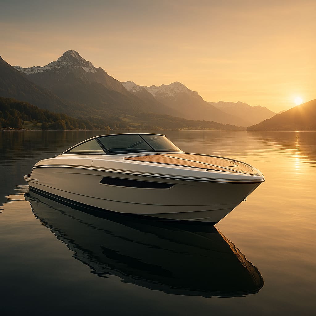 Modernes Motorboot auf dem Zürichsee bei goldenem Licht
