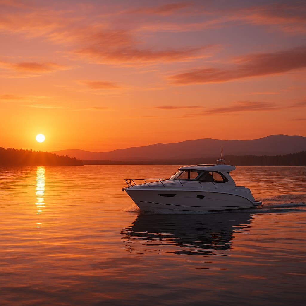 Motorboot bei Sonnenuntergang auf dem See